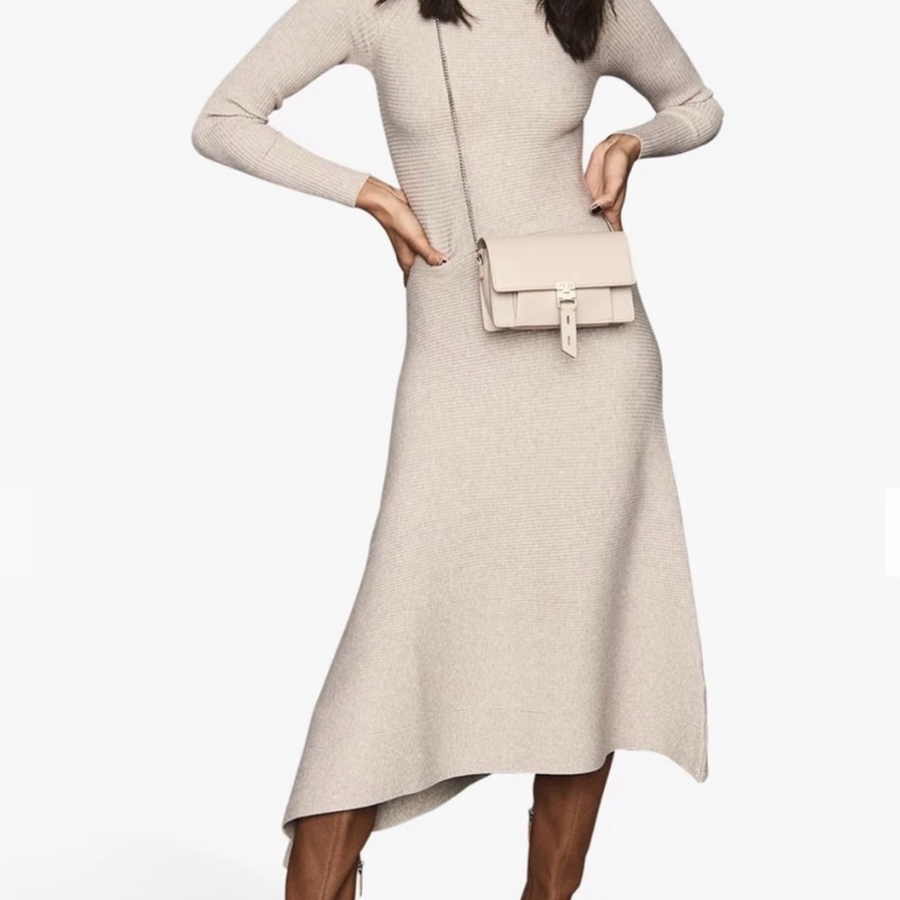 REISS Stone Asymmetrical Hem, Mock Neck Long Sleeve Dress perfect condition